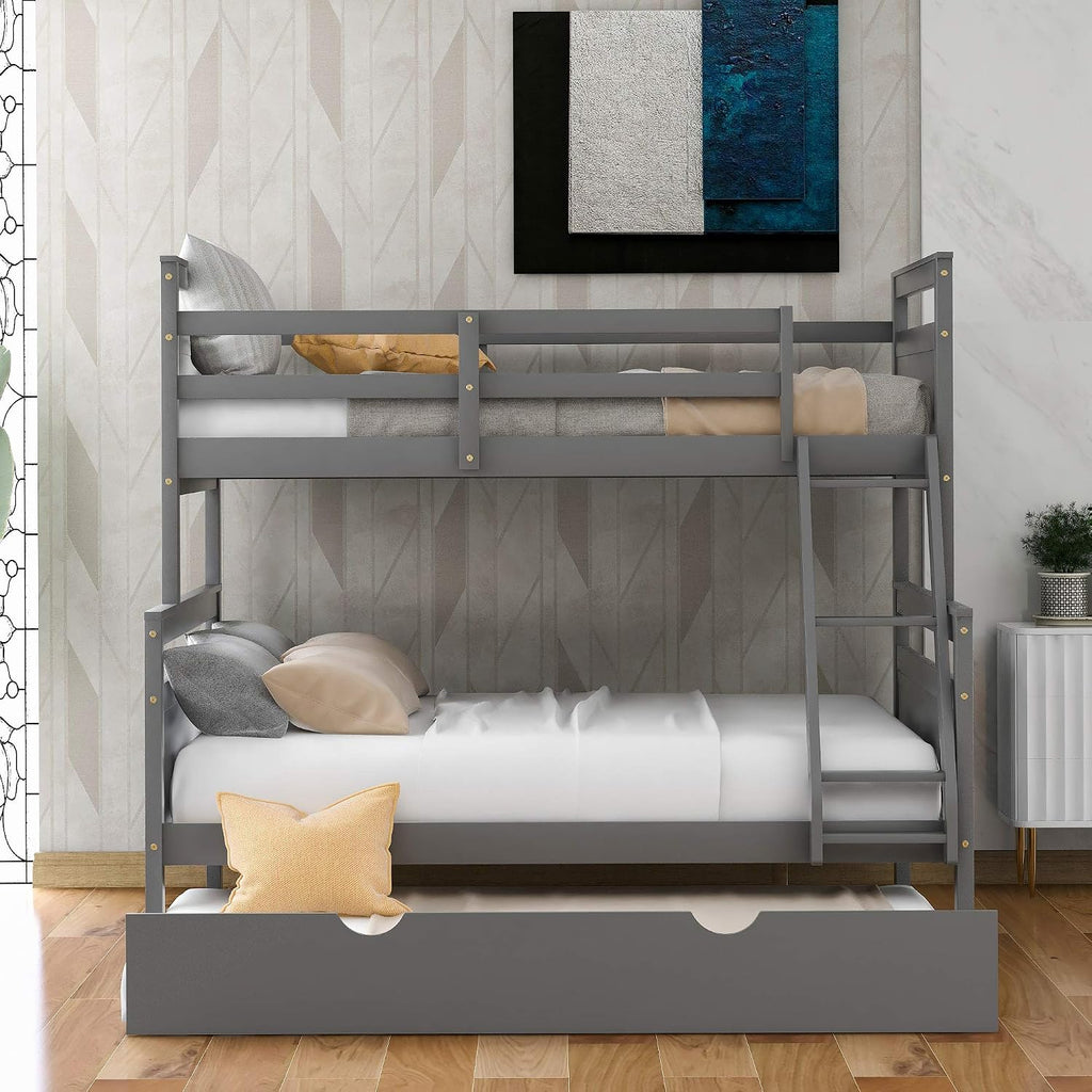 Twin Over Full Bunk Bed with Inclined Ladder and Twin Size Trundle,Bedroom Wood Bed Frame W/Safety Full-Length Guardrail & No Box Spring Required,for Girl Boy Kid,Gray