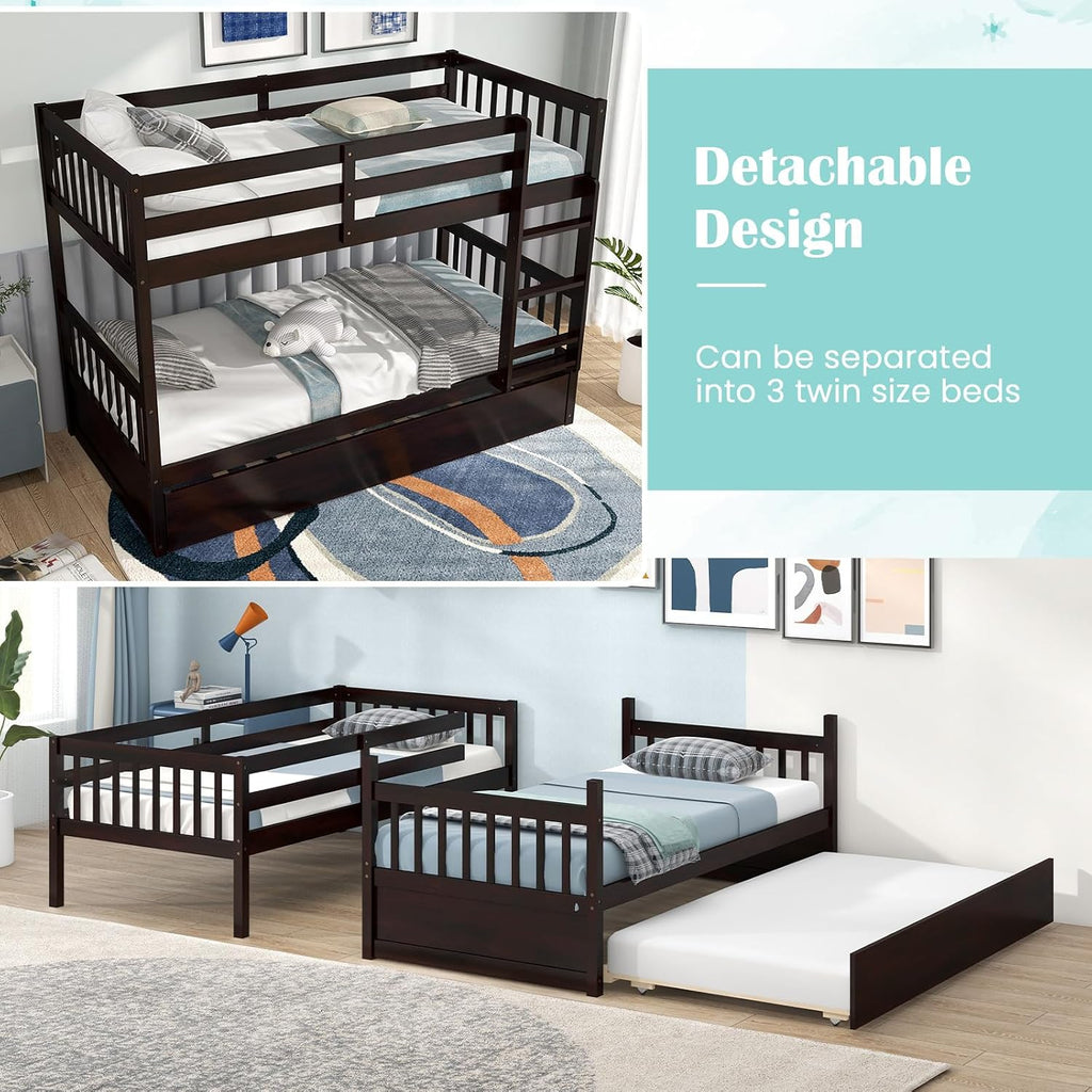 MAT EXPERT Twin Over Twin Bunk Bed with Trundle, Solid Wood Bunk Bed Frame w/Ladder, Slats & Rail, Convertible Twin Size Platform Bed for Kids, Space-Saving Bunk Beds for Bedroom Dorm (Espresso)