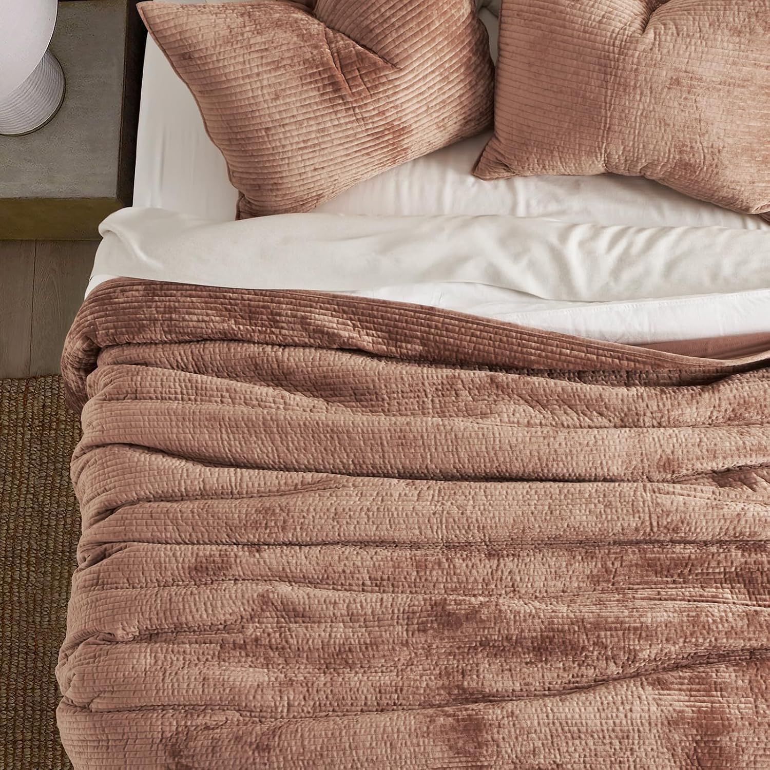 EverGrace Velvet Quilt Set California King 118'' x 106'', Luxurious Soft Bedding Sets, Lightweight Velvet Comforter for All Season, Striped Oversized Bedspread Coverlet w/ 2 Shams, Terracotta Clay