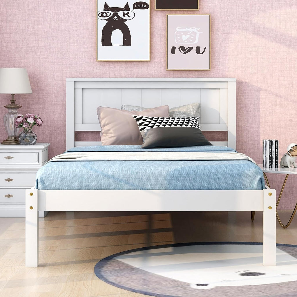 Wood Platform Bed, Bed Frame with Headboard, Wood Slat Support, No Box Spring Needed, Twin, White