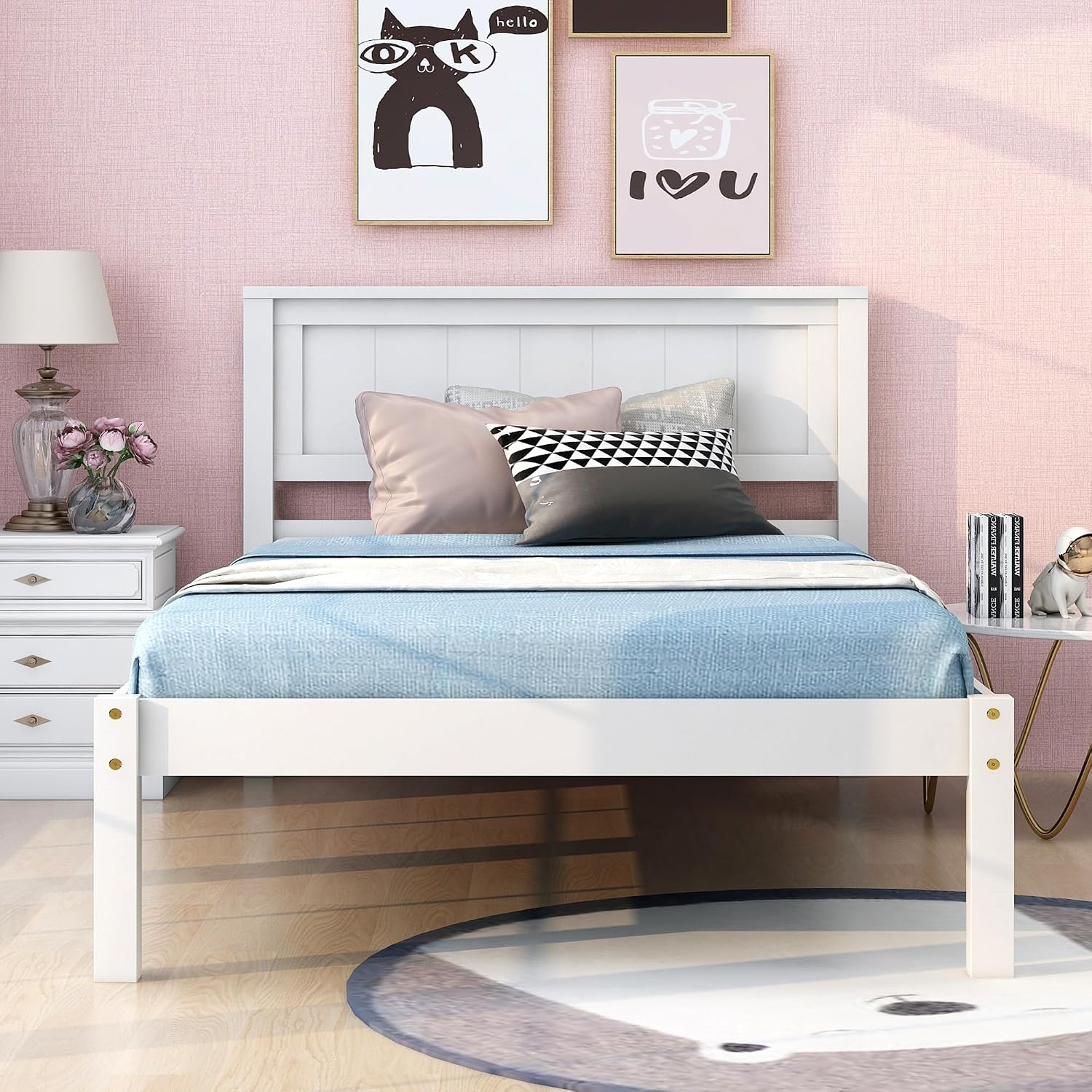 Wood Platform Bed, Bed Frame with Headboard, Wood Slat Support, No Box Spring Needed, Twin, White