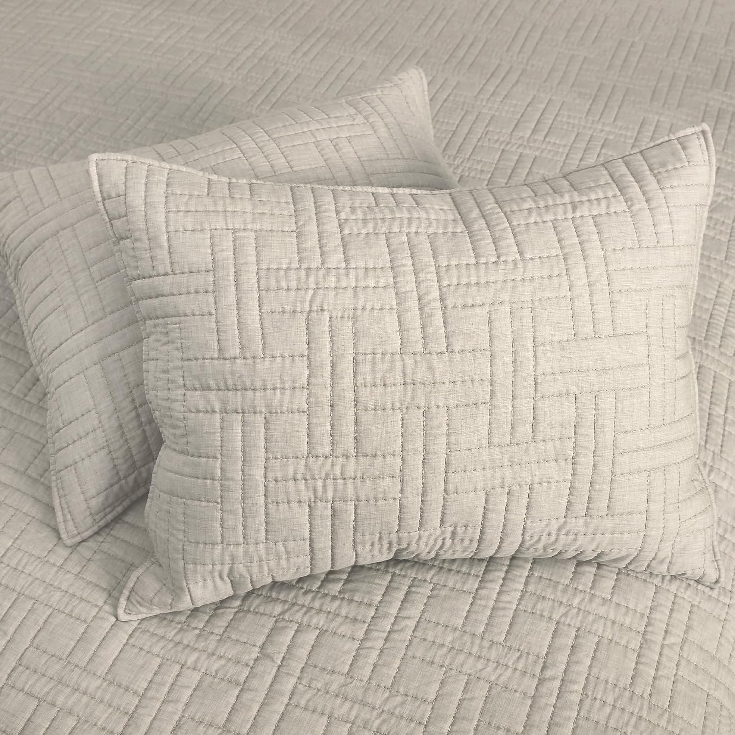 Levtex Home - Melange Stitch Quilt Set - Full/Queen Quilt and Two Standard Shams - Solid Stitched - Natural - Quilt (88x92in.) and Shams (20x26in.) - Reversible - Polycotton Blend