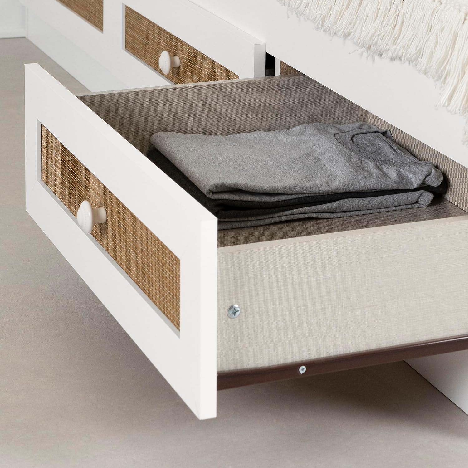 South Shore Bloom Mates Bed with 3 Drawers, Full, White and Faux Printed Rattan
