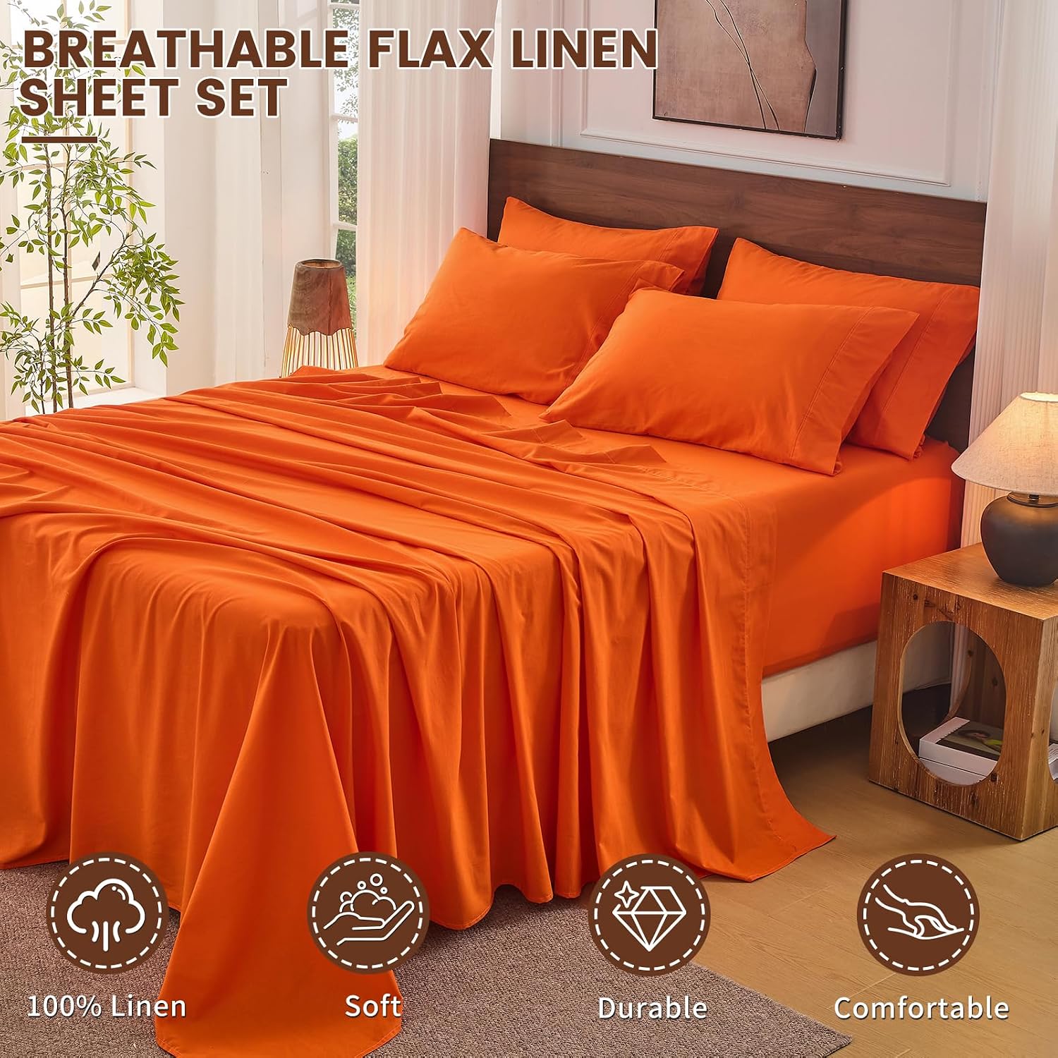 Bedlifes 100% French Flax Linen Sheets Set King Size - 6 Piece Extra Deep Pocket 18-24',Soft Breathable King Bed Sheets with Temperature Regulating & Moisture-Wicking(Orange