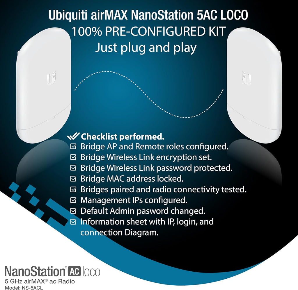 Wireless Bridge Ubiquiti LOCO5AC PRE-CONFIGURED, Bundle of 2 Ubiquiti Nanostation LOCO 5AC, Point to Point Outdoor WiFi Bridge, Plugh and Play, 5GHz, 450+Mbps, 10+km Link Range, Network Bridge