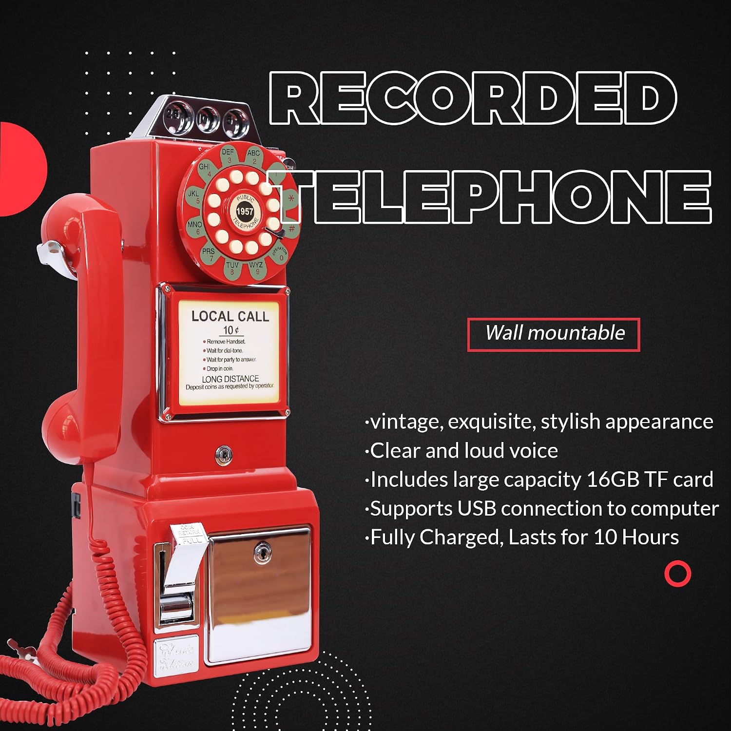 Audio Guest Book Wedding Phone, Audio Phone guestbook, Unique Phone Voice Recorder, Audio guestbook Like Leaving A Voicemail Message, Preserve Your Special Occasions (Antique, Red)
