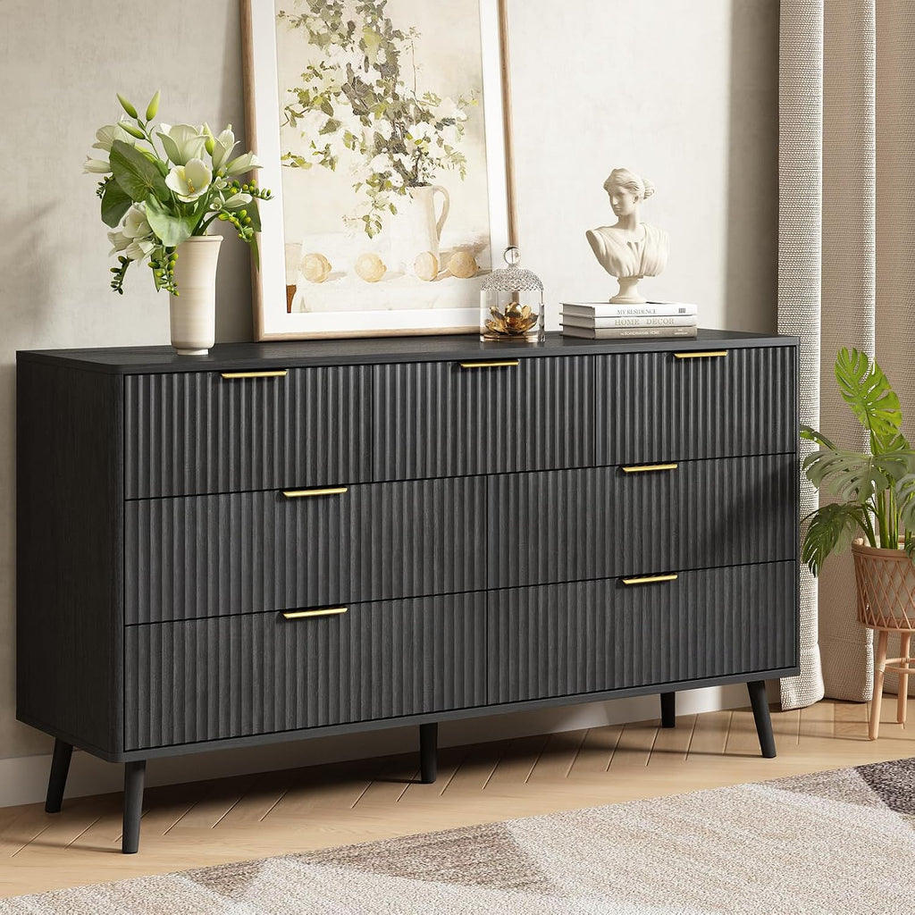 CARPETNAL Fluted Dresser and Nightstand Sets for Bedroom, 3 Pcs Bedroom Set, 7-Drawer Dresser & 2-Drawer Nightstand Set of 2, Modern Wood Chest of Drawers for Living Room, Entryway, Black