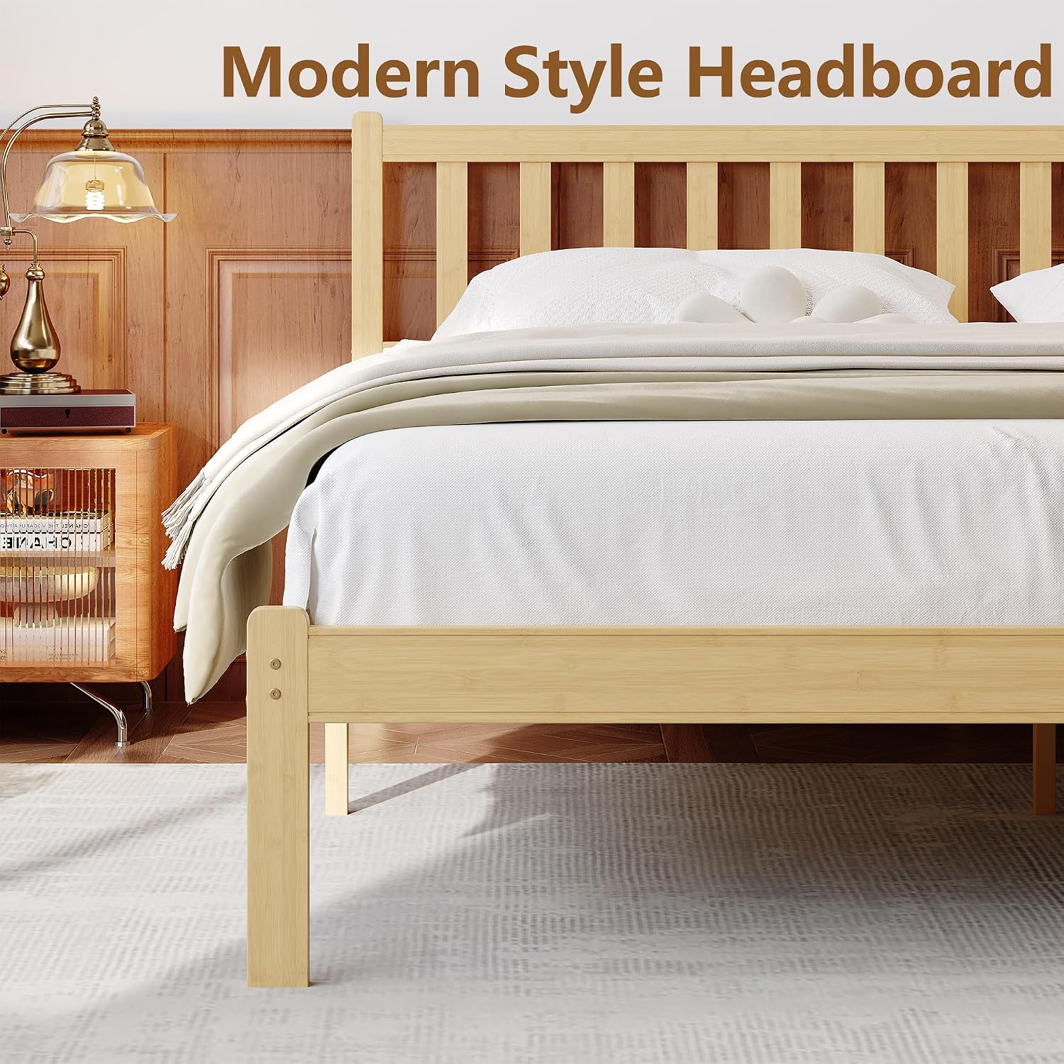 14 in High Solid Bamboo Wood Twin Bed Frame with Headboard, Platform Twin Size Bed Frame, Heavy Duty, No Box Spring Needed, Nosie Free
