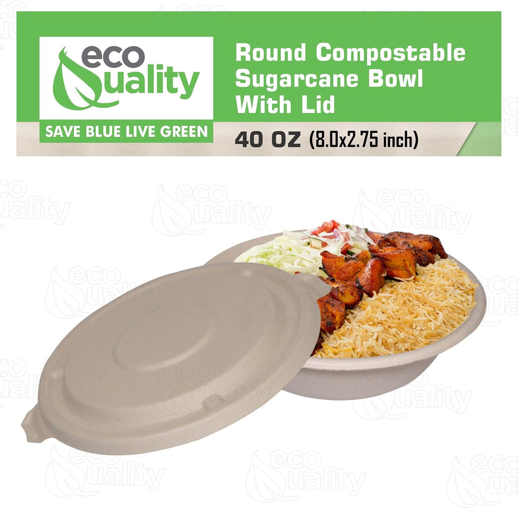 40 oz Round Disposable Compostable Paper Bowls with Fiber Dome Lids - Heavy Duty, Eco-Friendly Natural Sugarcane Bagasse, Heat Resistant, 100% Biodegradable Salad Bowls Alternative to Plastic (150)