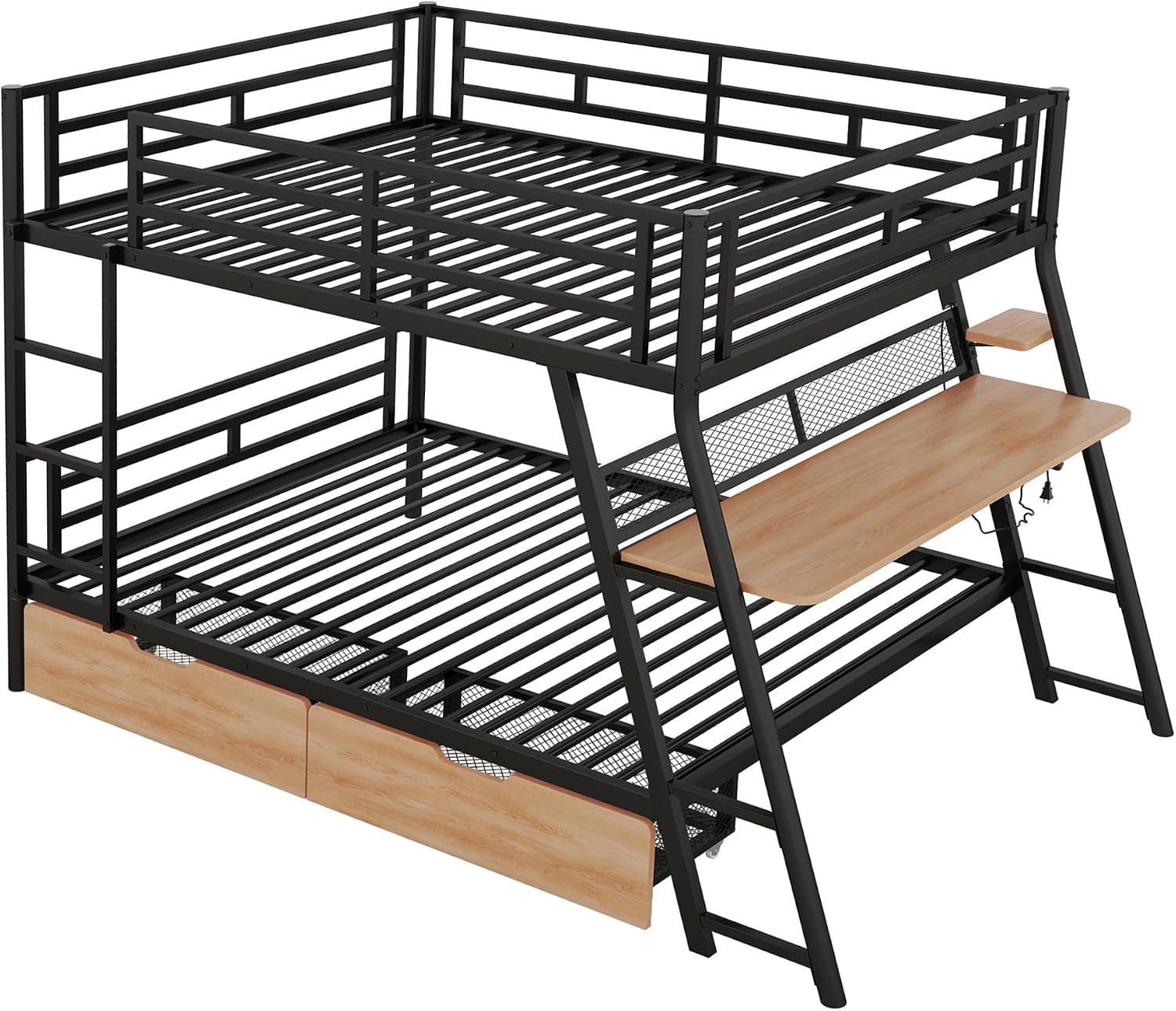 Full Size Metal Bunk Bed with Built-in Desk,Bed Frame W/Light Strip and 2 Large-Capacity Storage Drawers,for Bedroom,Apartment,Guest Room,Black