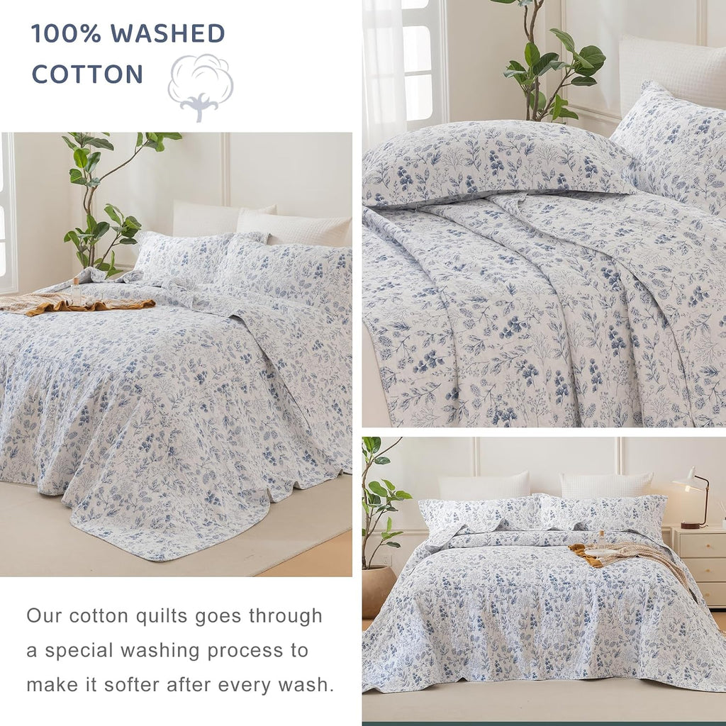 Sanracie Oversized King Bedspread 120'x120', 100% Cotton White and Blue Floral Quilted Bedspread Set 3Pcs Soft Breathable Shabby French Country Chic Vintage Garden Floral Bedding Set for All Season