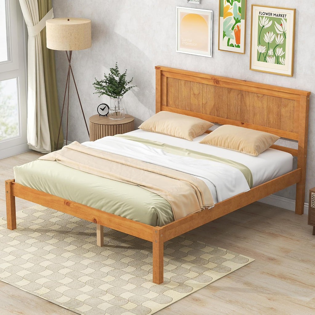 Full Size Wood Bed Frame and Headboard, Modern Retro Oak Platform Beds Frames, Sturdy and Durable Design Rustic Wooden Bedroom Set, Easy Assembly, No Box Spring Needed (Oak, Full)