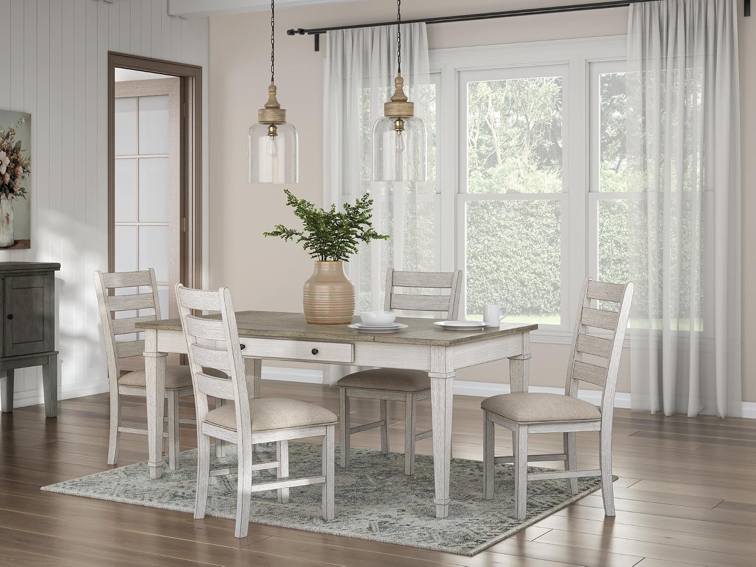 Signature Design by Ashley Skempton Modern Farmhouse Dining Room Chair, 2 Count, Ladderback Design, Wood, 17.75' W x 21.5' D x 38.63' H, White and Light Brown