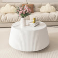 26.77' White Round Coffee Table, Drum Coffee Table with Sintered Stone Tabletop and Fluted PU Leather Covered and Stable Base, Circle Cocktail Tea Table for Living Room