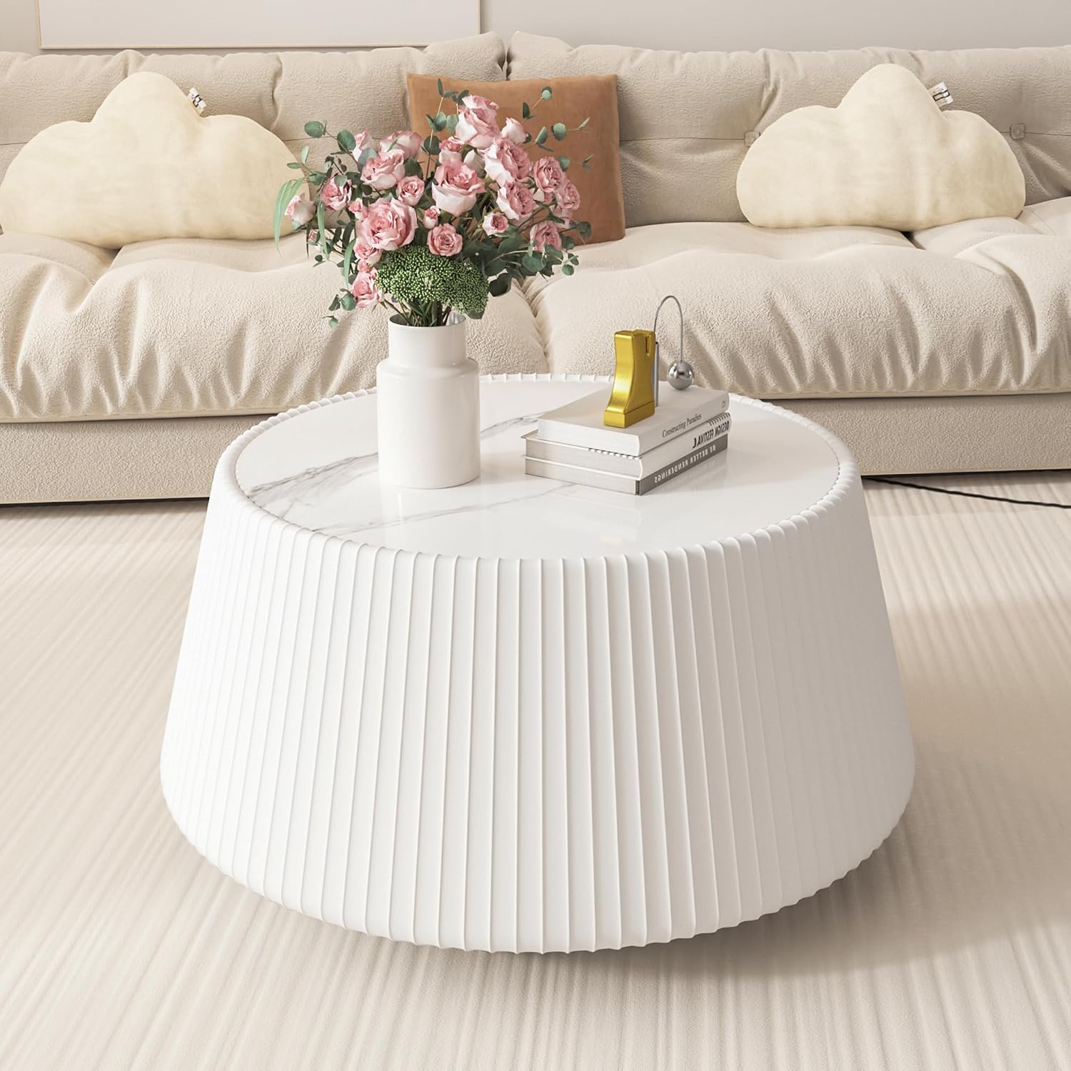 26.77' White Round Coffee Table, Drum Coffee Table with Sintered Stone Tabletop and Fluted PU Leather Covered and Stable Base, Circle Cocktail Tea Table for Living Room