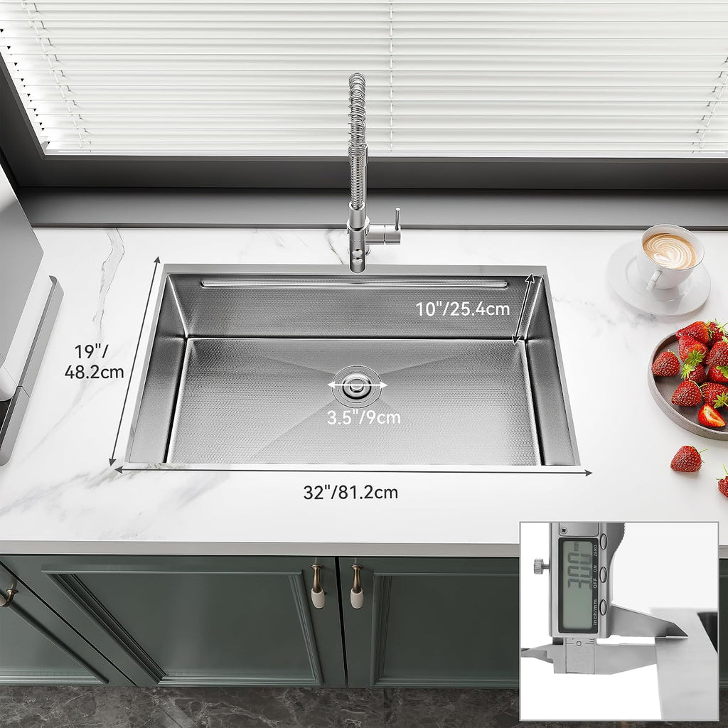 YITAHOME Kitchen Sink Undermount Workstation 32in, 304 Stainless Steel Single Bowl w/Ledge & Accessories, Honeycomb Surface Design, RV, Modern Bar Sink 32x19x10in, Silver
