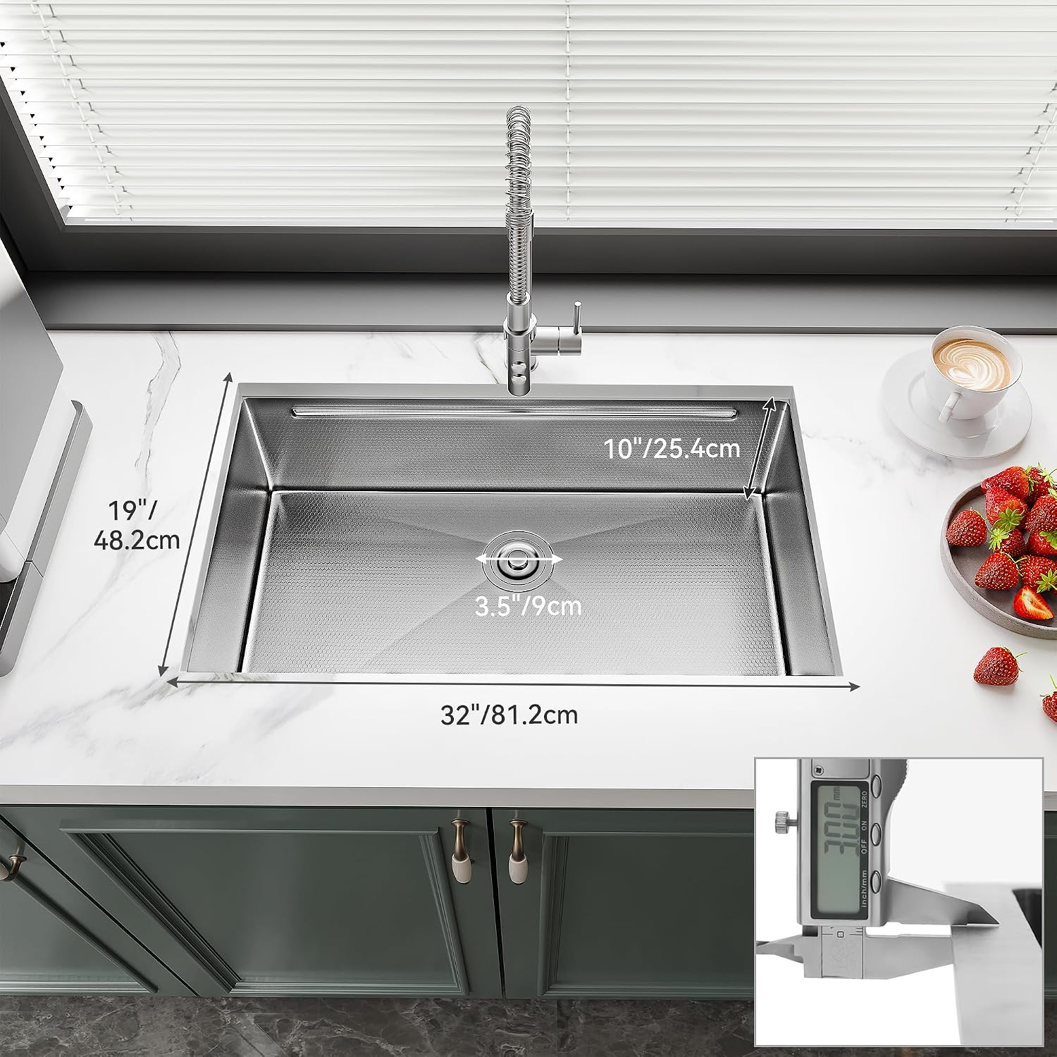 YITAHOME Kitchen Sink Undermount Workstation 32in, 304 Stainless Steel Single Bowl w/Ledge & Accessories, Honeycomb Surface Design, RV, Modern Bar Sink 32x19x10in, Silver