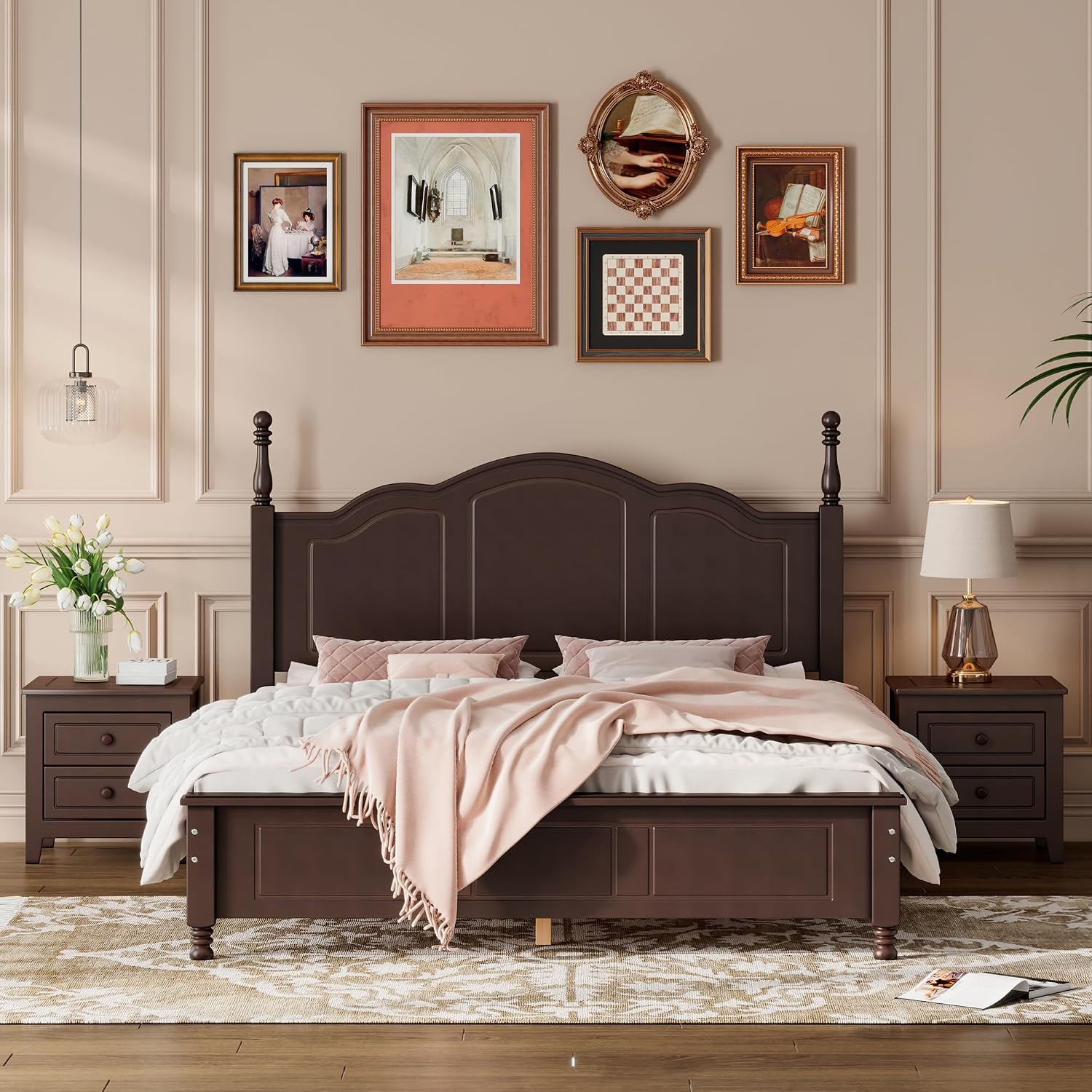 Bedroom Set of Furniture, Wooden Platform Bed and Two Bedside Tables, for Family Use(Dark Walnut(Queen))