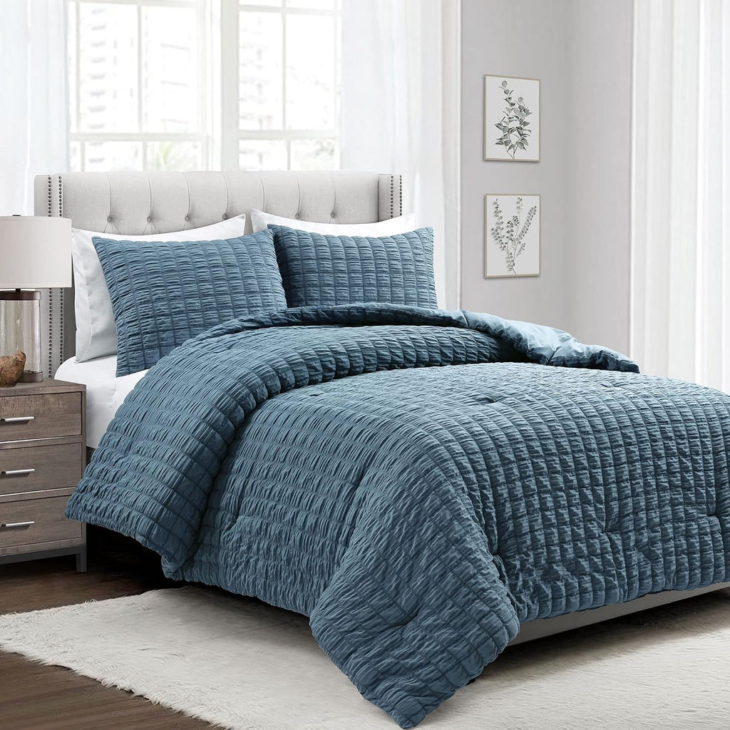 Lush Decor Crinkle Textured Dobby 3 Piece Comforter Set, Full/Queen, Blue