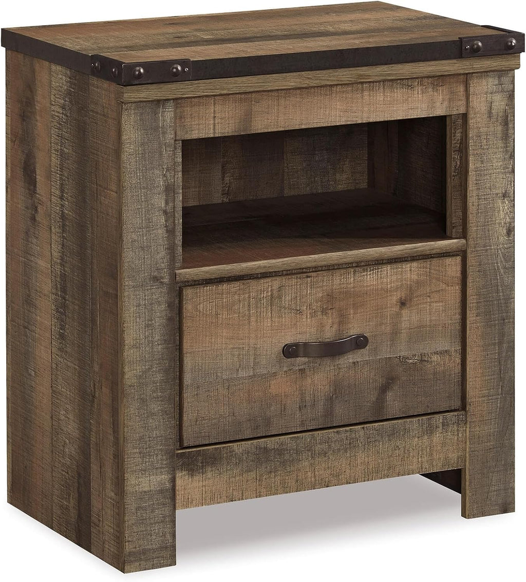 Signature Design by Ashley Trinell Rustic 1 Drawer Nightstand, USB Charing, Storage Cubby, Nailhead Accents, Wood, 24.72' W x 16.18' D x 26.22' H, Warm Brown