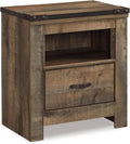 Signature Design by Ashley Trinell Rustic 1 Drawer Nightstand, USB Charing, Storage Cubby, Nailhead Accents, Wood, 24.72' W x 16.18' D x 26.22' H, Warm Brown