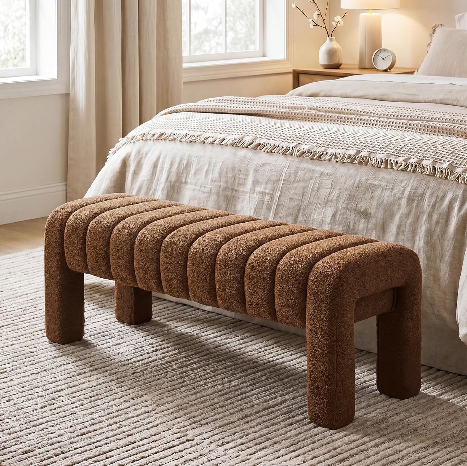 43'' Bedroom Bench, Upholstered End of Bed Bench with Solid Wood Legs, Modern Small Dining Bench with Full Covered Fabrics for Entryway, Bedroom, Living Room (Rust Brown, Boucle)