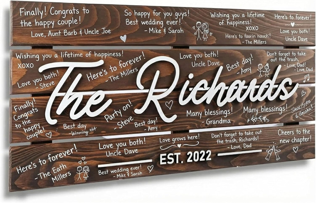 Personalized 4-Plank Wooden Wedding Guest Book Alternative Sign, Rustic Reception Decor with 3D Custom Last Name & Date, Unique Writeable Keepsake Signature Board for Couple, 28'x13' (Large)