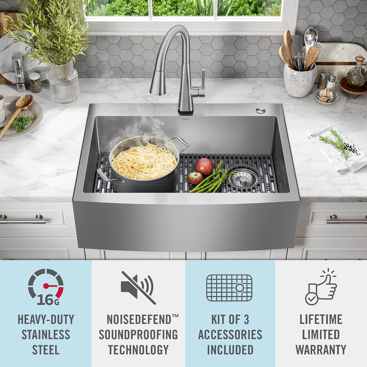 DELTA FAUCET Delta Lenta 30-inch Retrofit Farmhouse Apron Front 16 Gauge Stainless Steel Single Bowl Kitchen Sink for Undermount/Drop-In Installation with Accessories, 95J132-T30S-SS