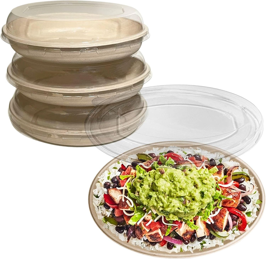32 oz Disposable Compostable Fiber Oval Burrito Bowls with Dome Lids Heavy-Duty, Eco-Friendly Natural Bagasse Unbleached, Heat Resistant, Biodegradable Paper Salad Bowls Alternative to Plastic (200)