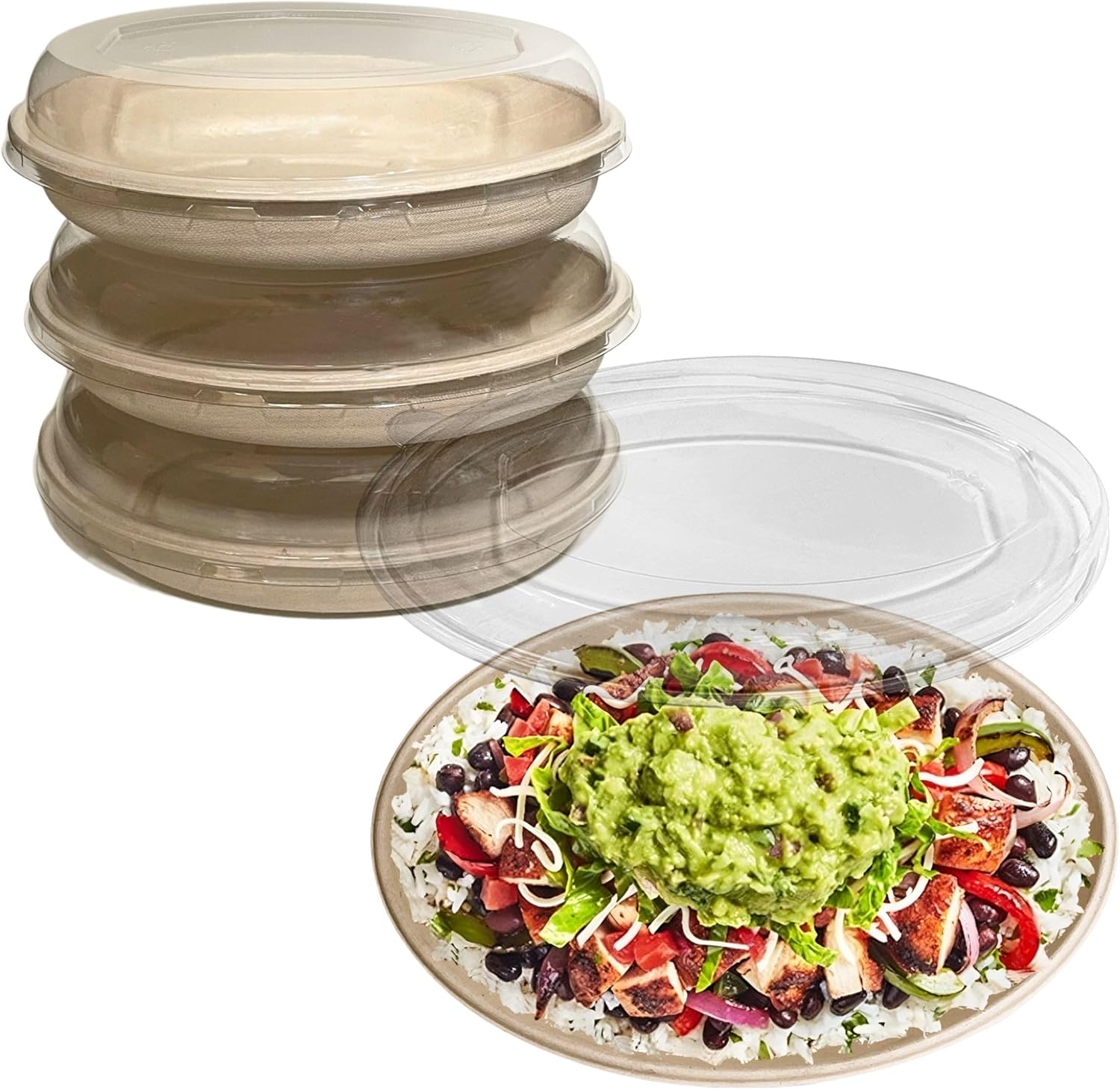32 oz Disposable Compostable Fiber Oval Burrito Bowls with Dome Lids Heavy-Duty, Eco-Friendly Natural Bagasse Unbleached, Heat Resistant, Biodegradable Paper Salad Bowls Alternative to Plastic (200)