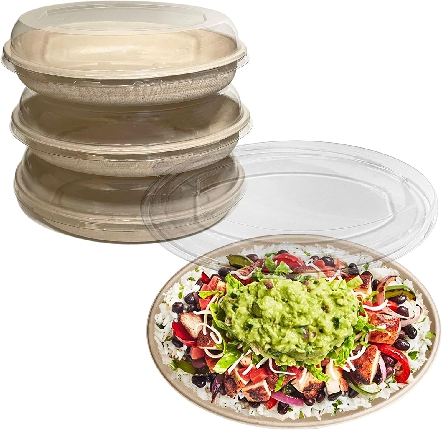 32 oz Disposable Compostable Fiber Oval Burrito Bowls with Dome Lids Heavy-Duty, Eco-Friendly Natural Bagasse Unbleached, Heat Resistant, Biodegradable Paper Salad Bowls Alternative to Plastic (250)