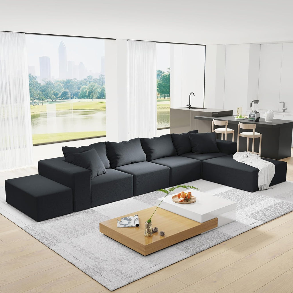 RuiSiSi Modern Upholstered Sectional Sofa Couch Set, 132' Modular L-Shaped Sectional Sofa Set with 6 Pillows, Free Combination Couch for Living Room, Bedroom, No Needed Assembly, Black