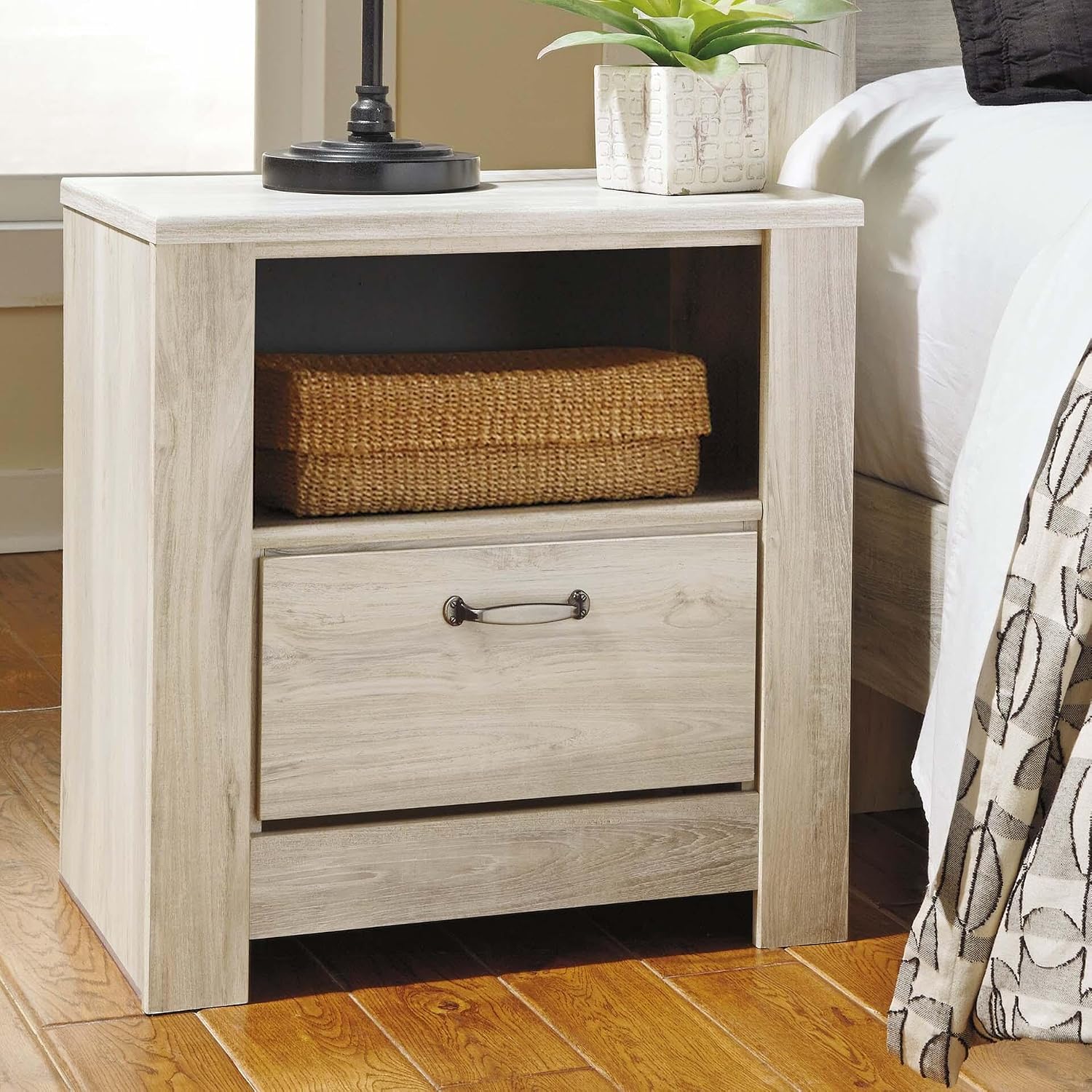 Signature Design by Ashley Bellaby Farmhouse 1 Drawer Nightstand with 1 Storage Cubby & Slim-Profile USB Charging Station, 24.61' Tall, Whitewash