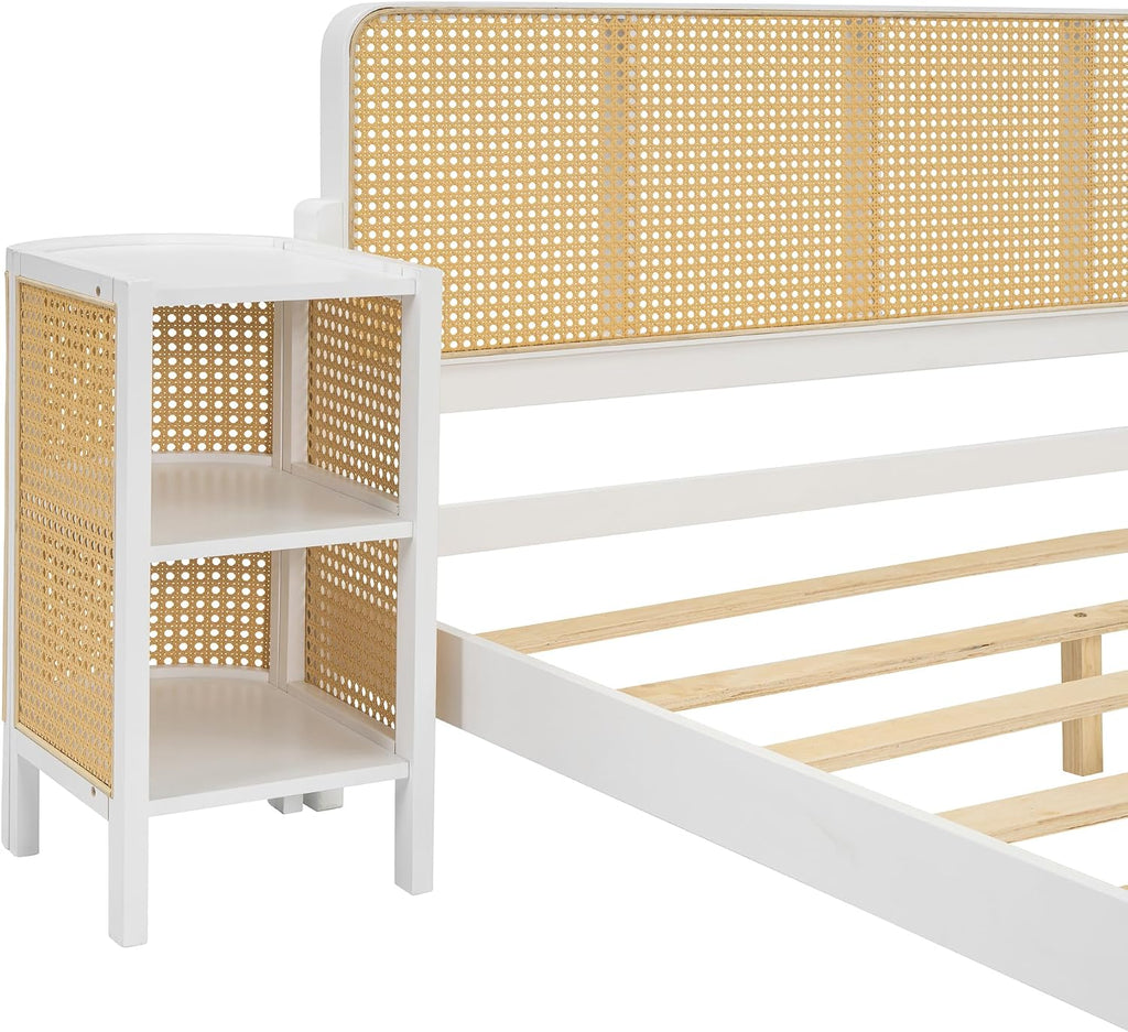 3-Pieces Bedroom Furniture Sets,Full Size Rattan Platform Bed with 2 Nightstands, Perfect for Teens Adults (White/Rattan, Full)