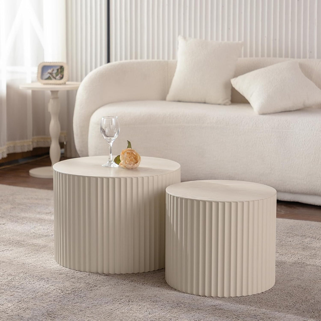 Nesting Coffee Table Set of 2, Round Wood Coffee Table and End Table Sets, Modern Double Circle Modular Accent Center Tea Table for Living Room Bedroom, （Beige + Cream, 27.56' & 19.69'