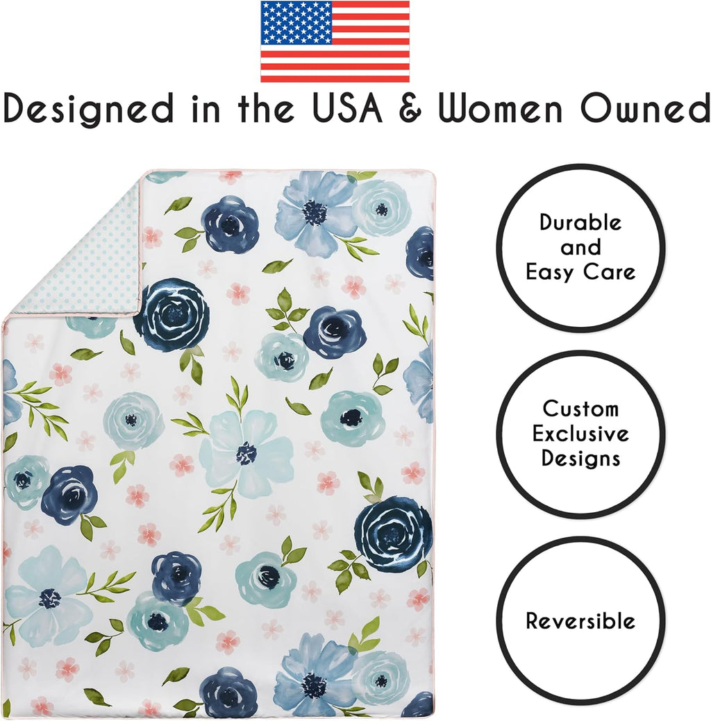 Sweet Jojo Designs 4-Piece Baby Crib Bedding Set (Pink/Blue Boho Floral) for Girls, Infants/Nursery incl. Blanket, Fitted Sheet, Skirt, Diaper Stacker (Watercolor, Rose, Polka Dot, Shabby Chic, Navy)