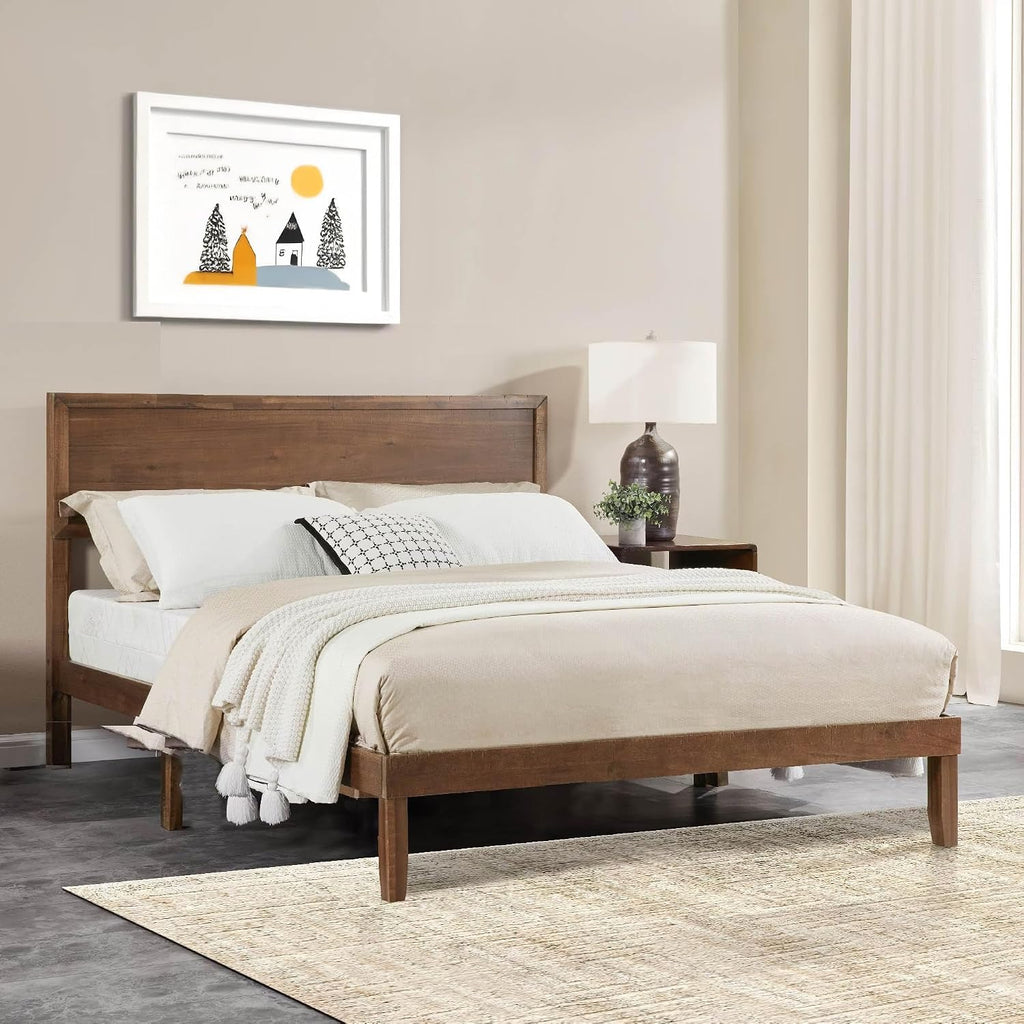 Full Size Solid Wood Platform Bed Frame - Premium Rubber Wood Reinforced Thickened Support, Load-Bearing, Modern Headboard Design, Tool-Free Assembly Bedroom Furniture Set,Brown (Queen)