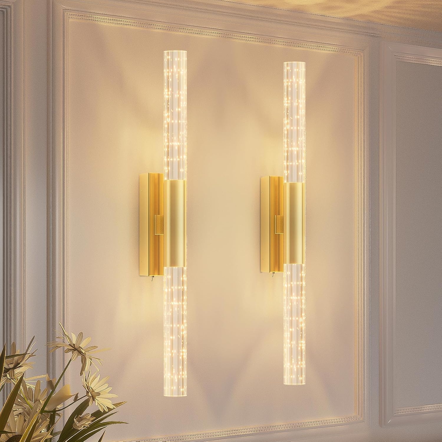 camuucci Battery Operated Wall Sconces Set of 2 Rechargeable Battery Powered Wall Light with 12000mAh Not Hardwired Dimmable Wall Lamp Fixtures for Bedroom Living Room Gold 25.6 Inches