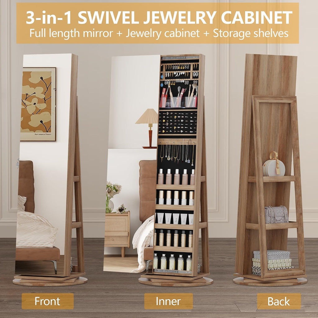 LVSOMT 360° Swivel Jewelry Cabinet with Full Length Mirror, 63' Large Capacity Jewelry Organizer Armoire, Lockable Mirror with Jewelry Storage, Floor Standing Mirror, Rear Storage Shelves