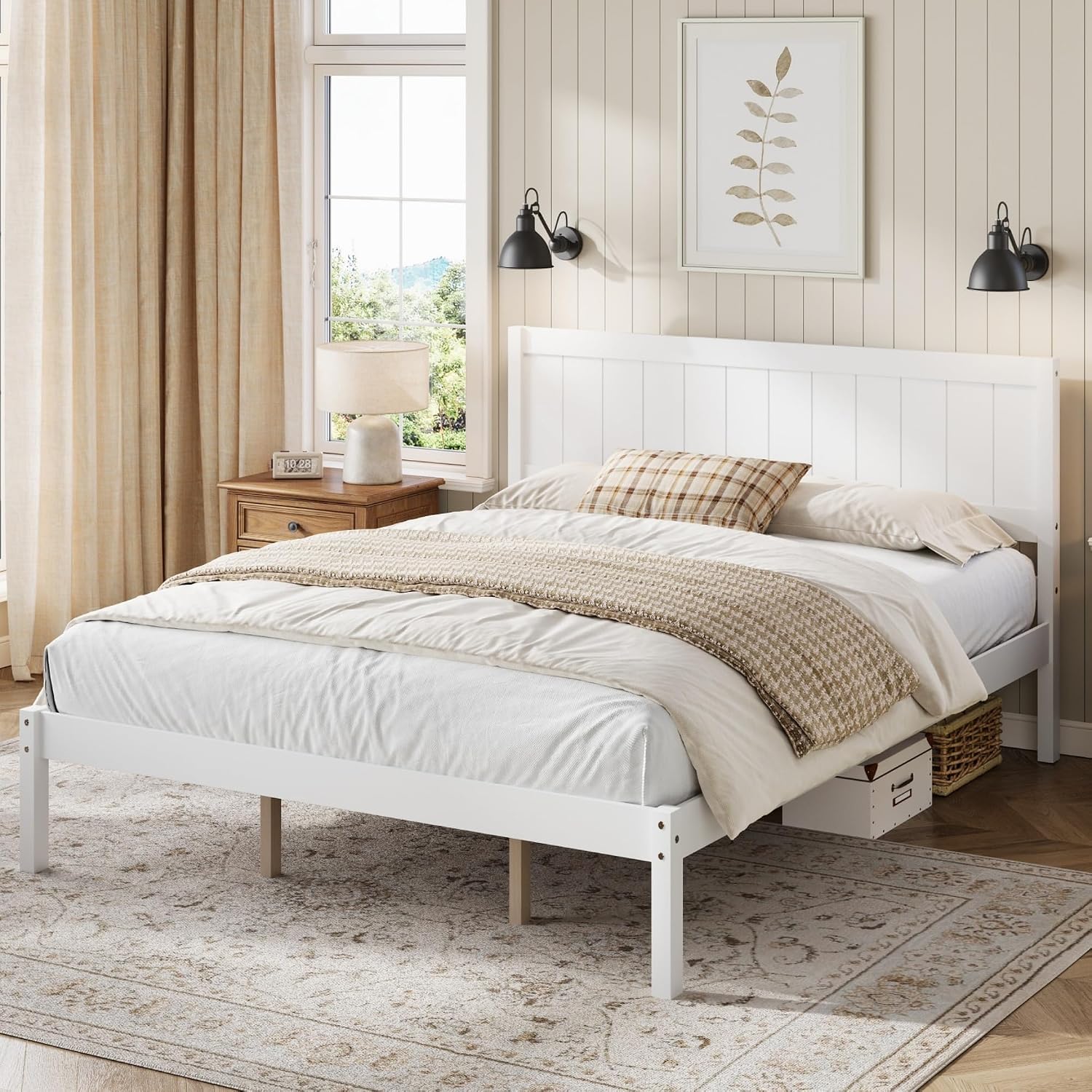 Platform Bed Frame with Headboard, Wood Slat Support, No Box Spring Needed,King,White