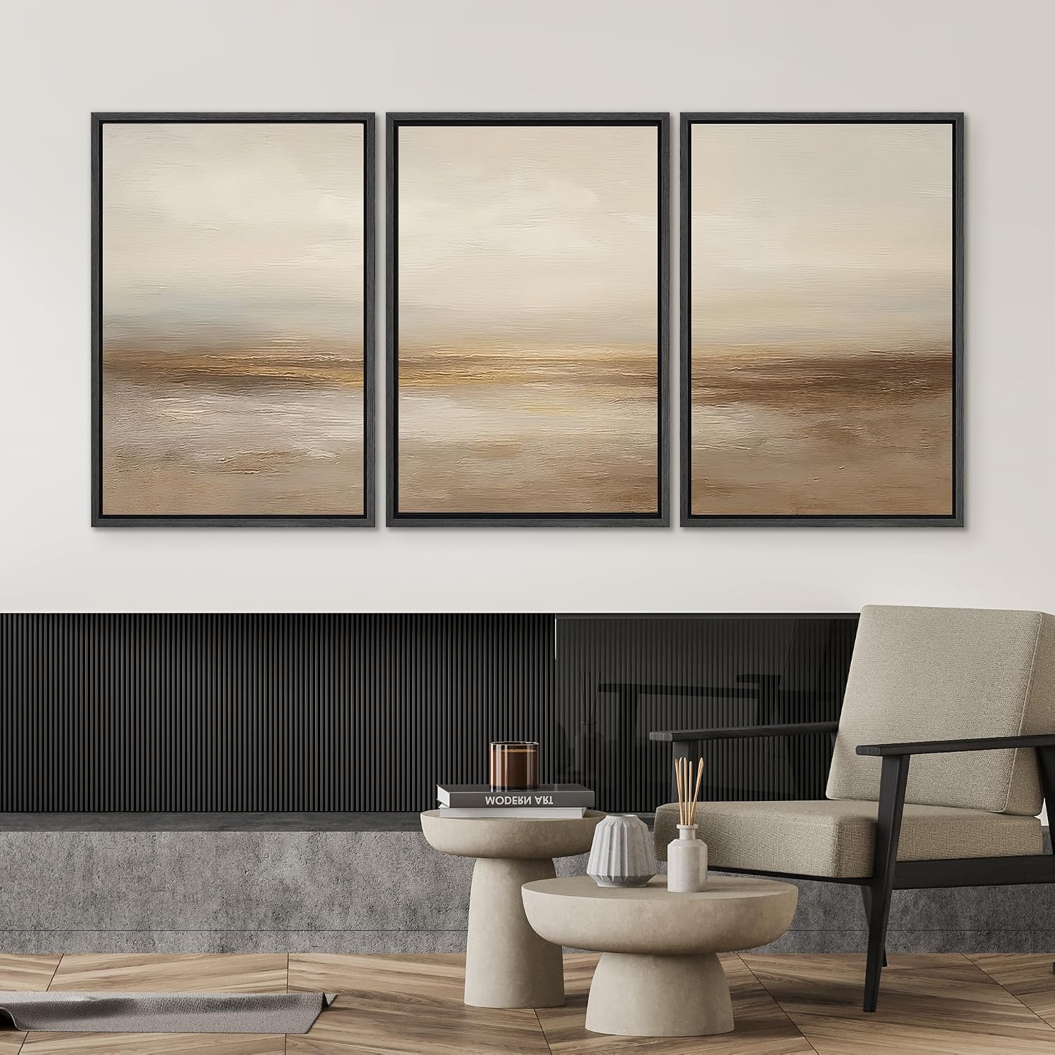 SIGNWIN Framed Wall Art Print Set Beige & Gold Horizon Abstract Minimalist Illustrations Modern Art Chic Multicolor for Living Room, Bedroom, Office - 24'x36'x3 BLACK