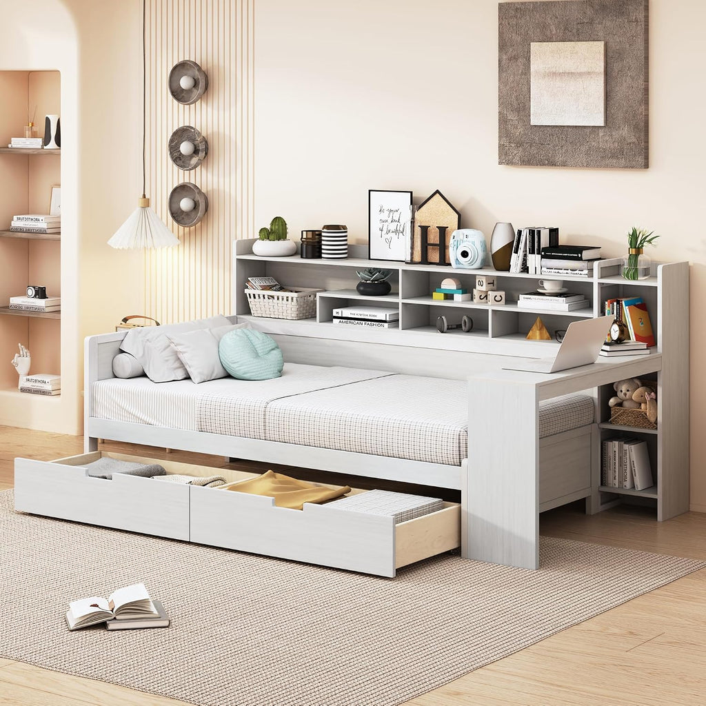 RuiSiSi Twin Size Daybed with Storage Drawers and Bookcase, Wood Daybed with Desk and Storage Headboard, Twin Corner Bed with Storage Shelves Drawers for Kids Teens Adults Bedroom, Antique White