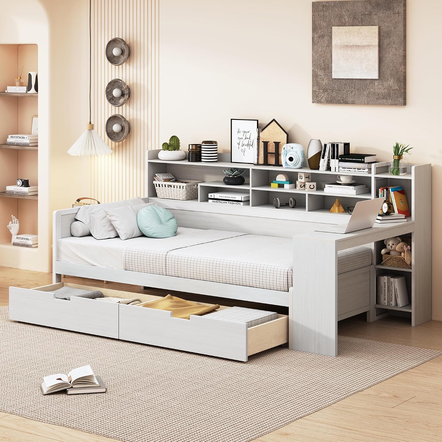 RuiSiSi Twin Size Daybed with Storage Drawers and Bookcase, Wood Daybed with Desk and Storage Headboard, Twin Corner Bed with Storage Shelves Drawers for Kids Teens Adults Bedroom, Antique White
