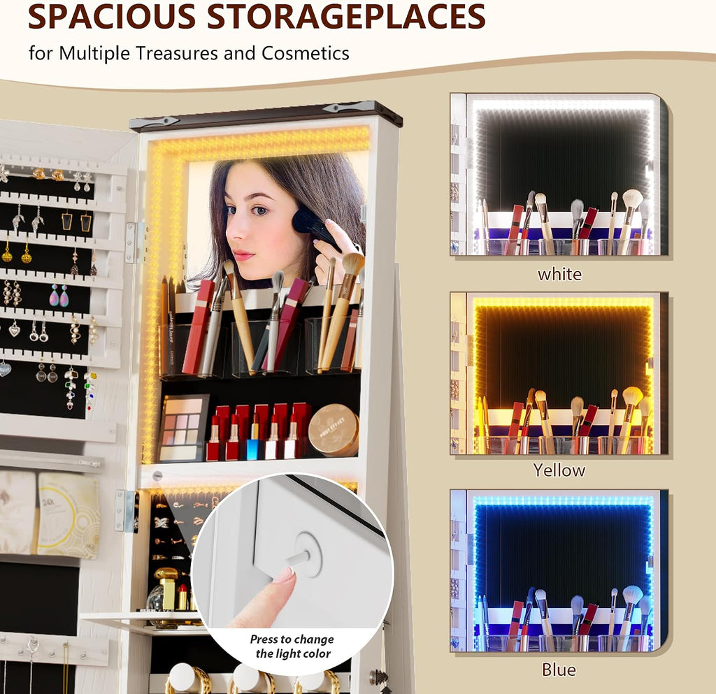 LVSOMT LED Mirror Jewelry Cabinet Standing, 360° Swivel Jewelry Organizers and Storage, Farmhouse Mirror with Jewelry Storage, Lighted Jewelry Armoire with Full Length Mirror (White Wood)