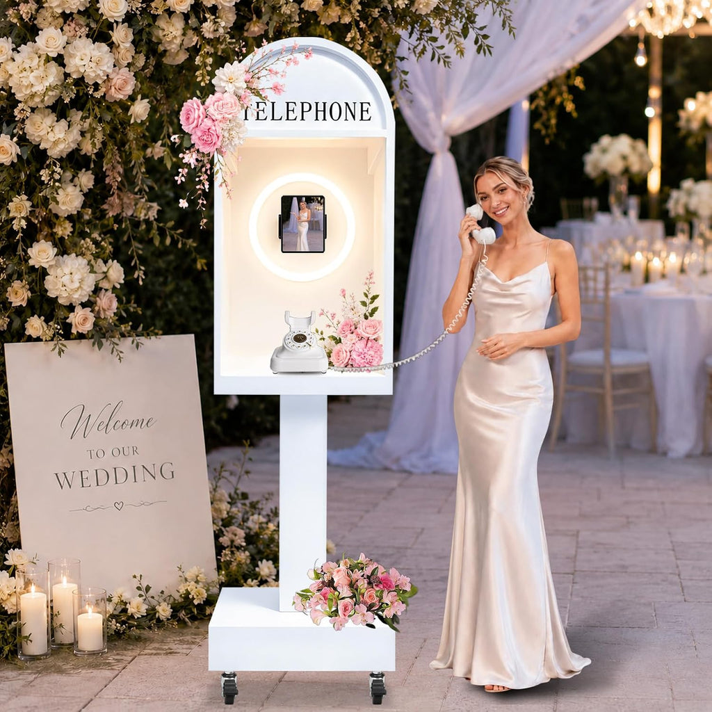Wedding Telephone Booth Audio Guest Book Photo Booth Stand with 3 Color Ring Light 360° Rotatable Tablet Holder Built-in Type-C Charging Port Lockable Rolling Wheels for Wedding Party Events