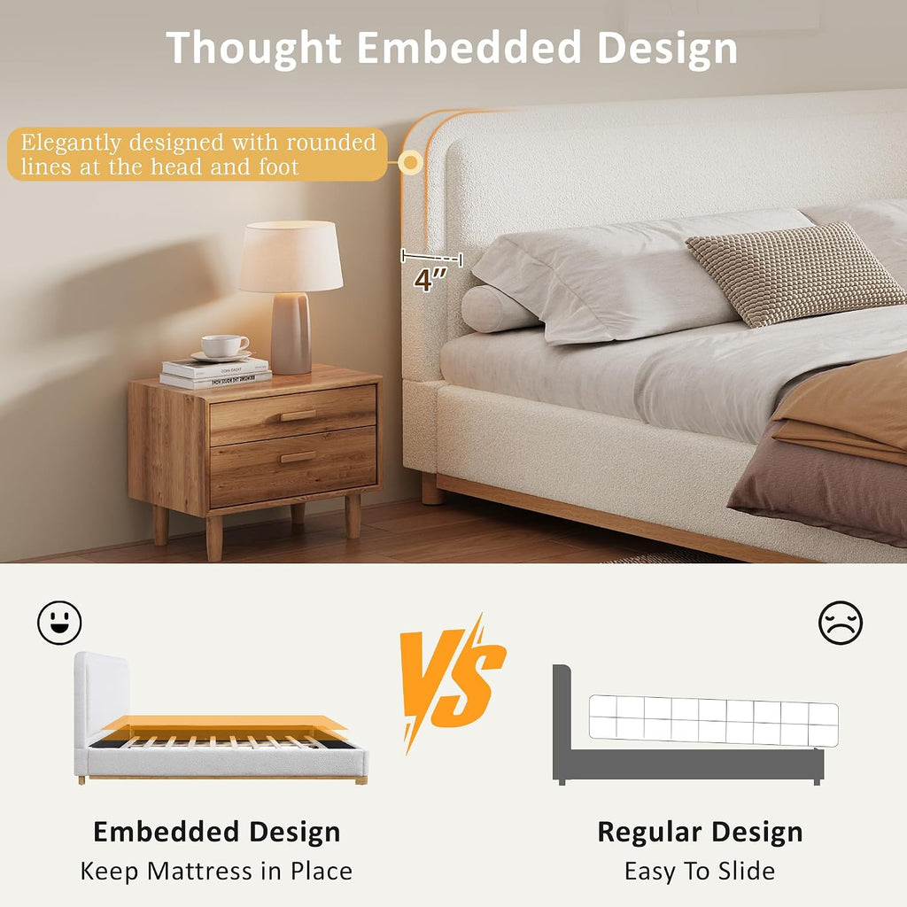 Christopher Knight Home Robey King Size Platform Bed Frame, Boucle Fabric King Size Bed Frame and Headboard, Modern King Bed Set, Wooden Slat Support, No Box Spring Needed, Easy Assembly, White