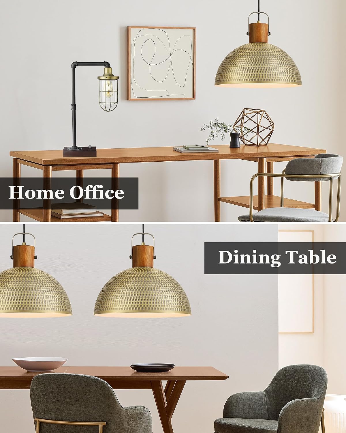 ELYONA 2 Pack Large Hammered Pendant Light Fixtures, 16 Inch Ash Wood Vintage Dome Hanging Lamp, Antique Gold Mid Century Pendant Lighting for Kitchen Island, Farmhouse, Dining Room, Brushed Brass