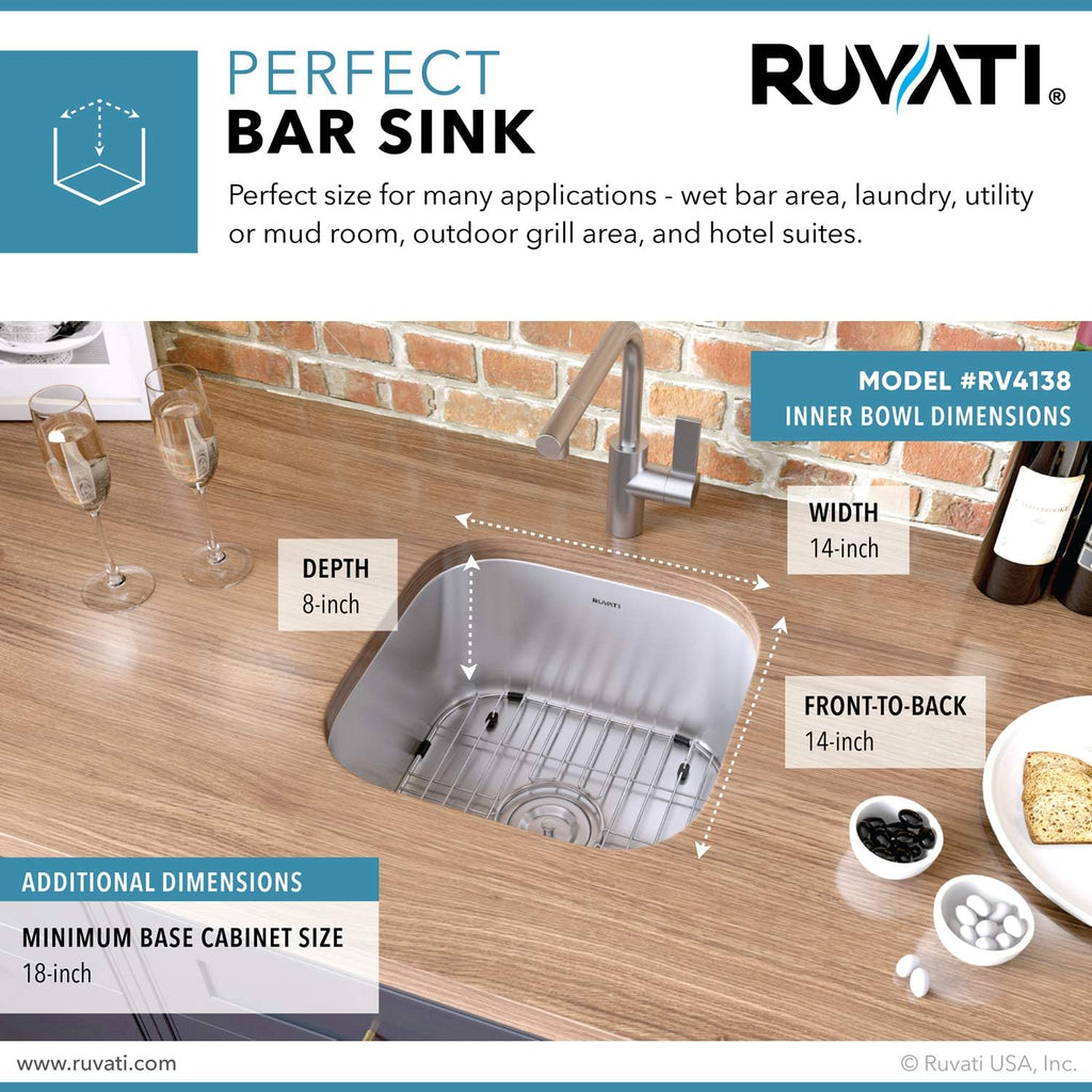 Ruvati 16 x 16 Inch RVM4138 Undermount Bar Sink - 16 Gauge Stainless Steel Kitchen Sink Single Bowl with Brushed Finish hides scratches, Easy-to-Clean Undermount kitchen Sink