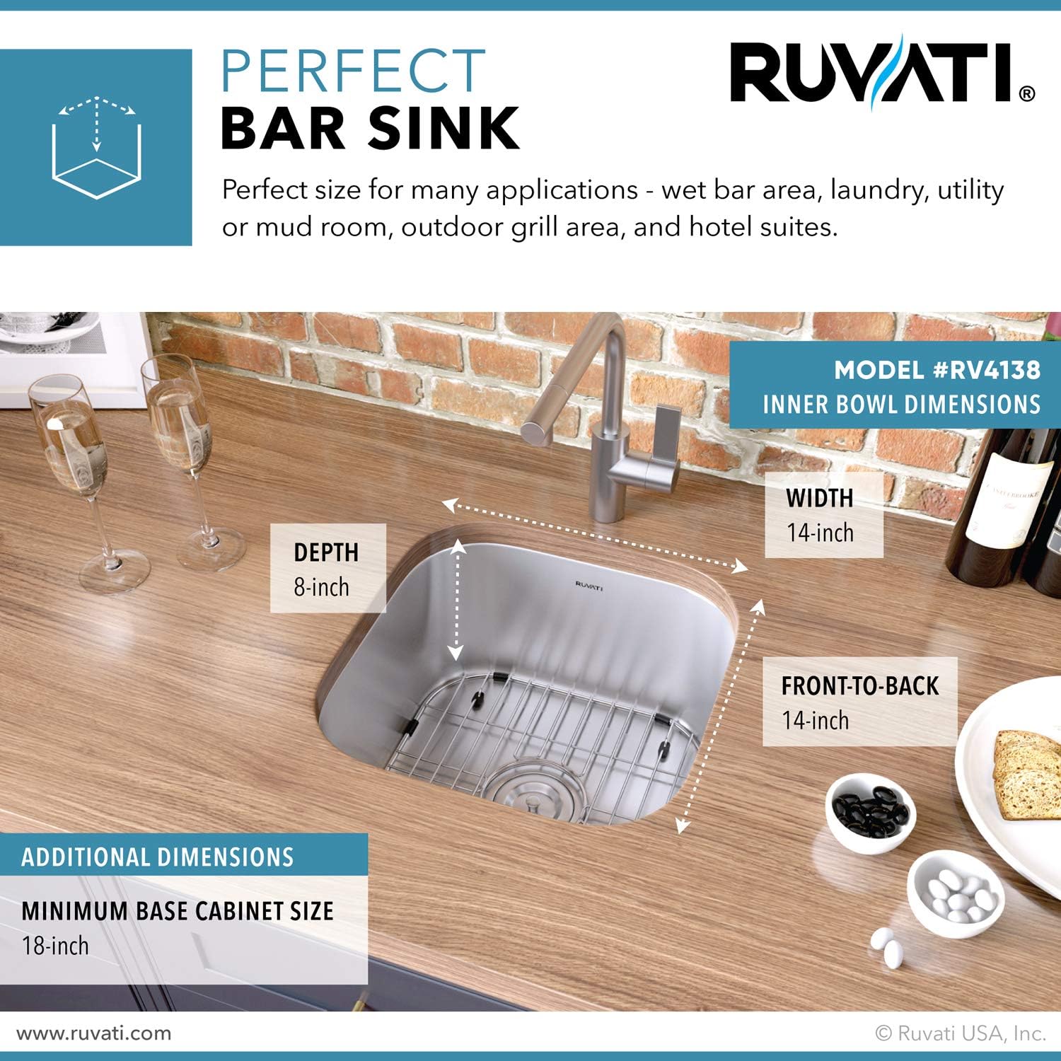 Ruvati 16 x 16 Inch RVM4138 Undermount Bar Sink - 16 Gauge Stainless Steel Kitchen Sink Single Bowl with Brushed Finish hides scratches, Easy-to-Clean Undermount kitchen Sink