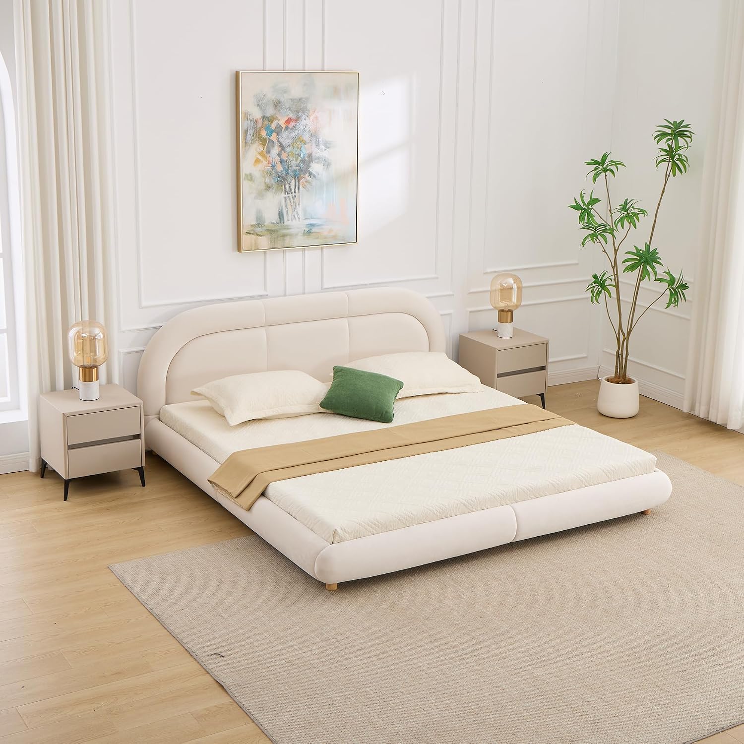 Curve-Shaped Upholstered Platform Bed with Curved Shaped Rounded Headboard, King Size Wood Bed Frame for Kids Adults Bedroom Furniture, Velvet Thick Fabric Upholstered Bed Grounded Bed (Beige-7, King)